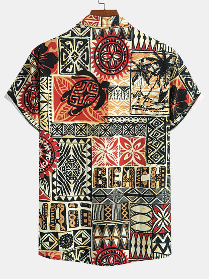 Button-Up Shirt with Palm Tree and Turtle Ethnic Geometric Print