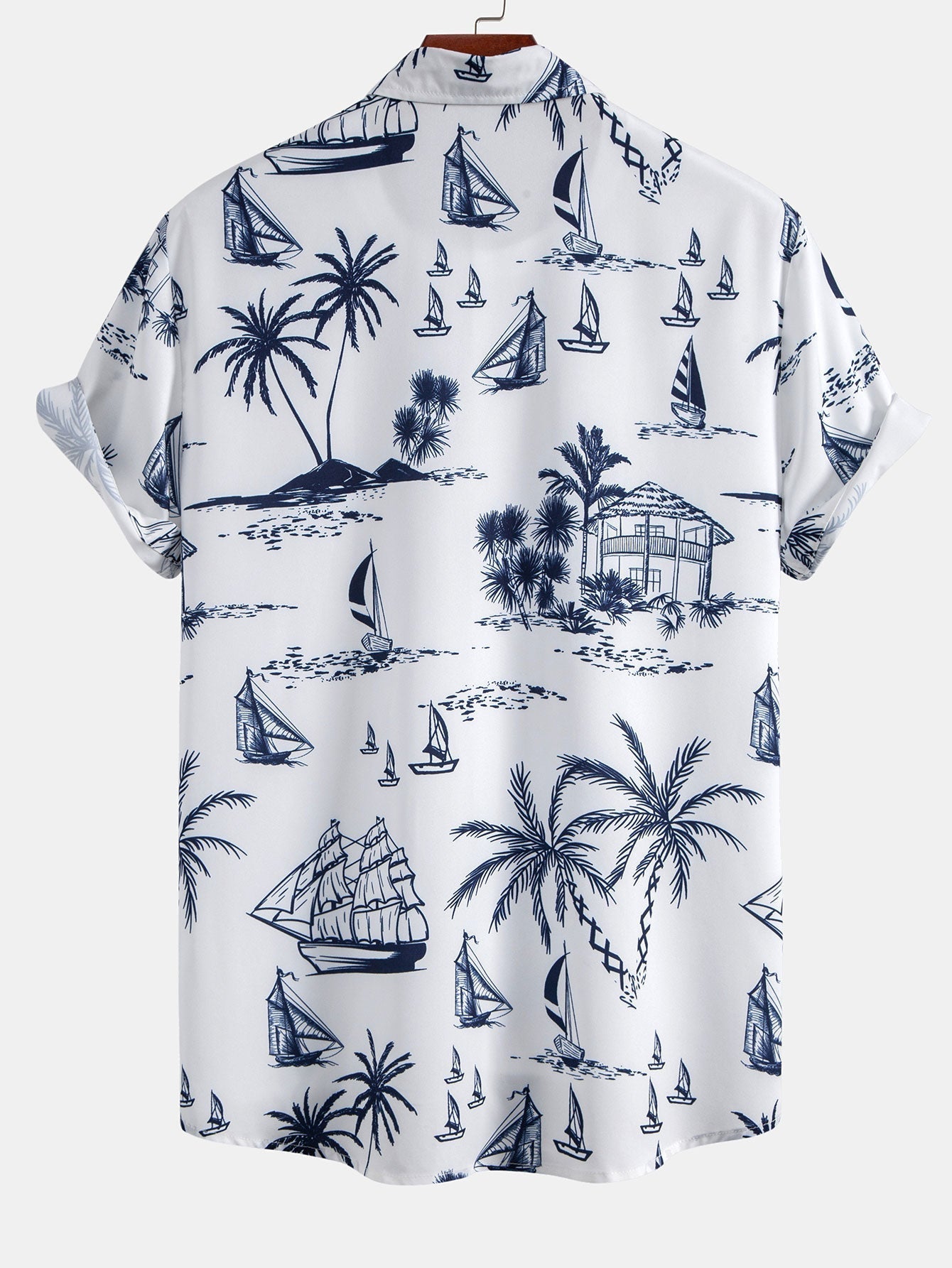 Island-Inspired Sailing Print Button-Up Shirt with Straight Leg Ribbed Pants
