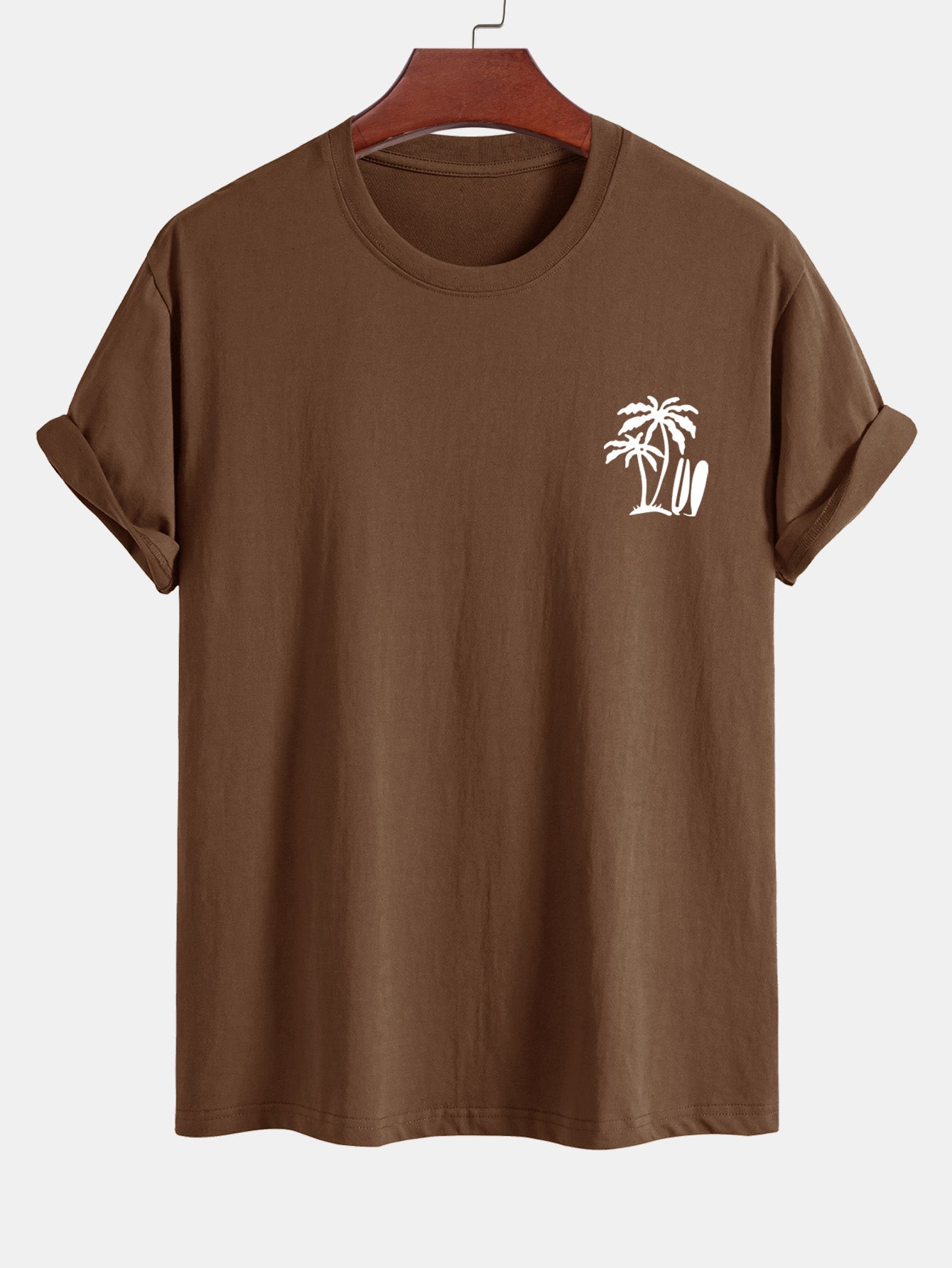 Classic Fit Cotton T-Shirt with Palm Tree Surfboard Design