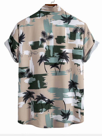 Color Block Palm Tree Print Button-Up Shirt with Matching Swim Shorts
