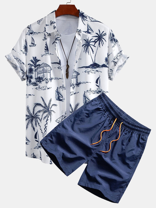 Island-Inspired Sailing Print Button-Up Shirt & Swim Shorts Set