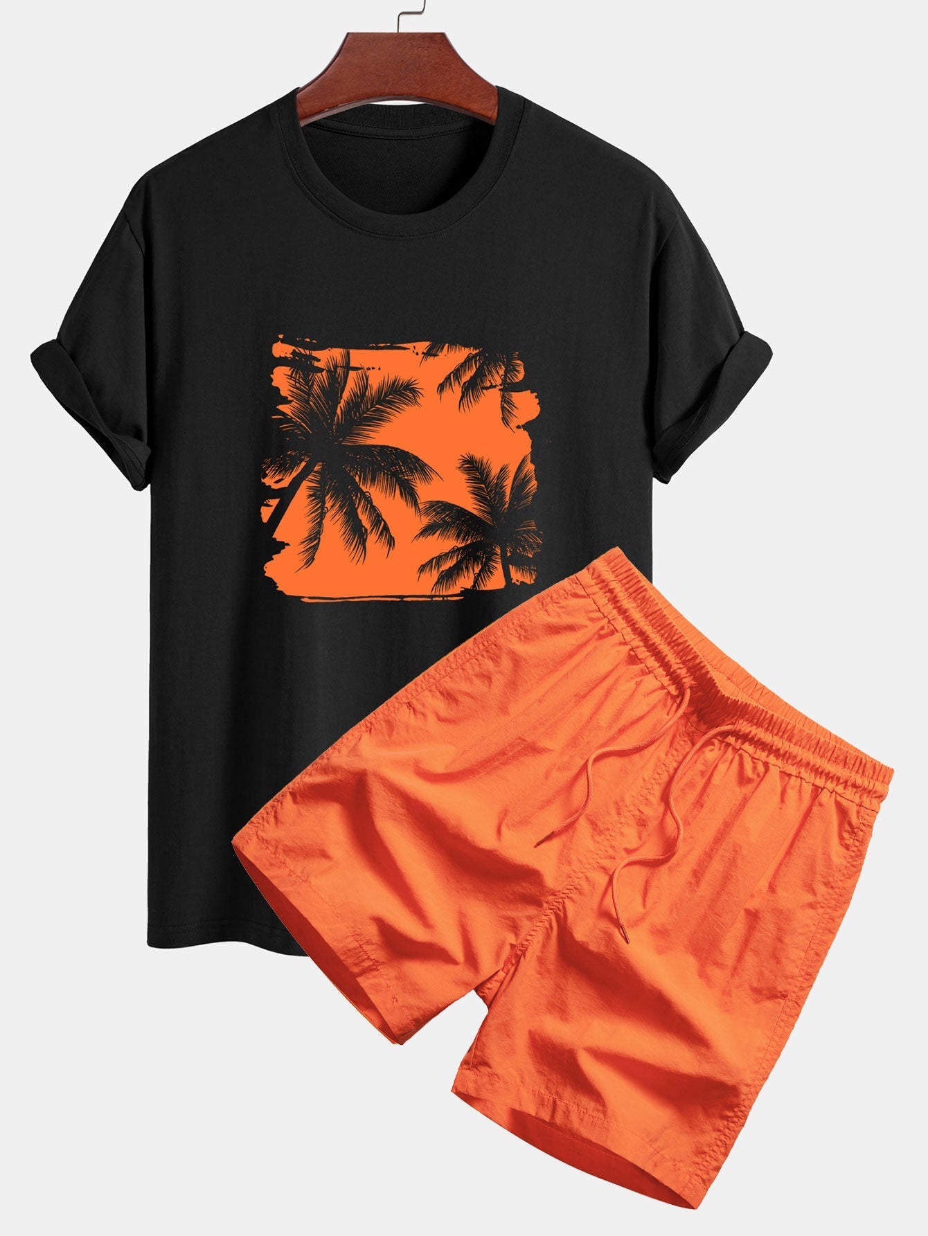 Classic Fit Cotton T-Shirt and Swim Shorts with Palm Tree Silhouette Print