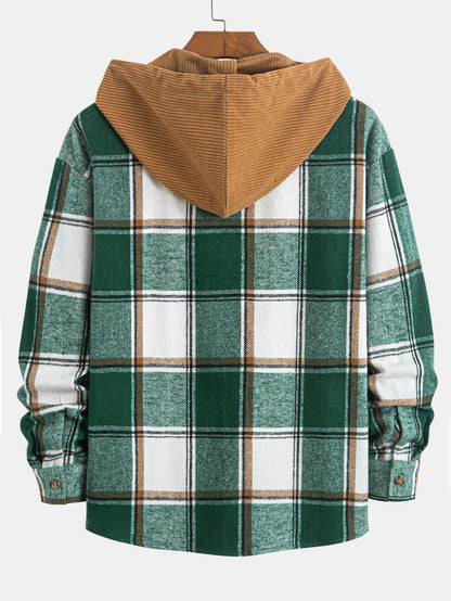 Comfortable Contrast Corduroy Plaid Hooded Shirt