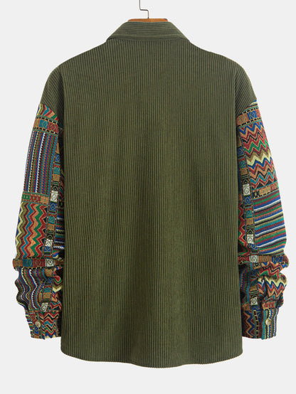 Relaxed Fit Ethnic Geometric Corduroy Patchwork Shirt - Unique Random Pattern Design