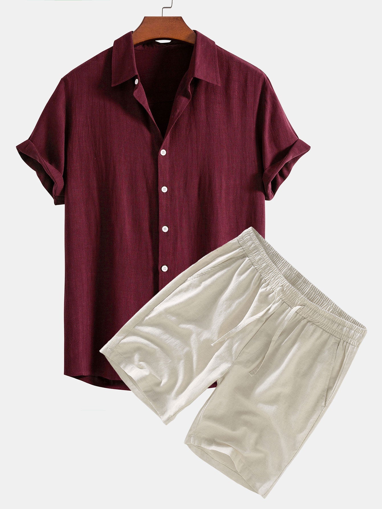 Linen-Rayon Blend Button-Up Shirt with Matching Linen Drawstring Shorts