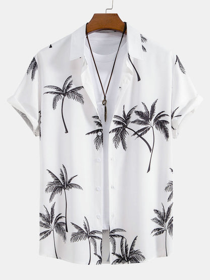 Button-Up Shirt with Palm Tree Print & Striped Swim Shorts