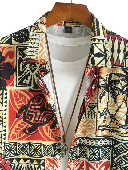 Button-Up Shirt & Swim Shorts Set with Palm Tree Turtle Ethnic Geometry Print