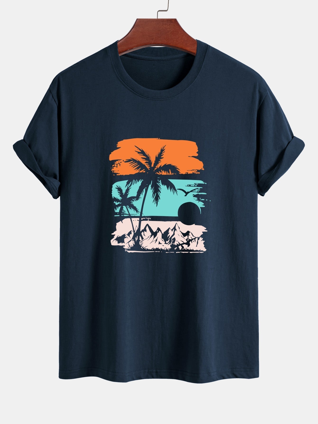 Classic Fit Cotton T-Shirt with Palm Tree Silhouette Design