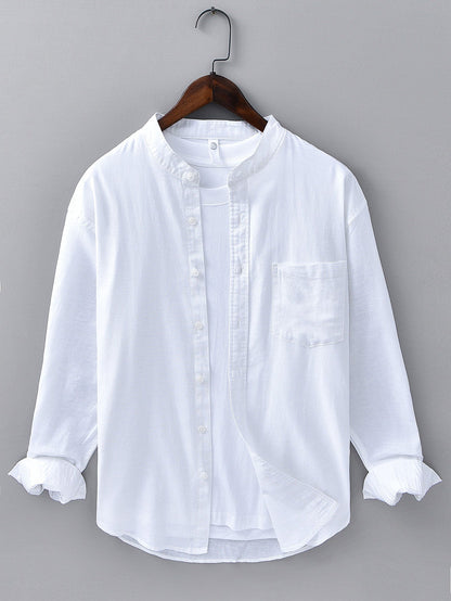 Long Sleeve Stand Collar Shirt in Linen-Cotton Blend with Pocket