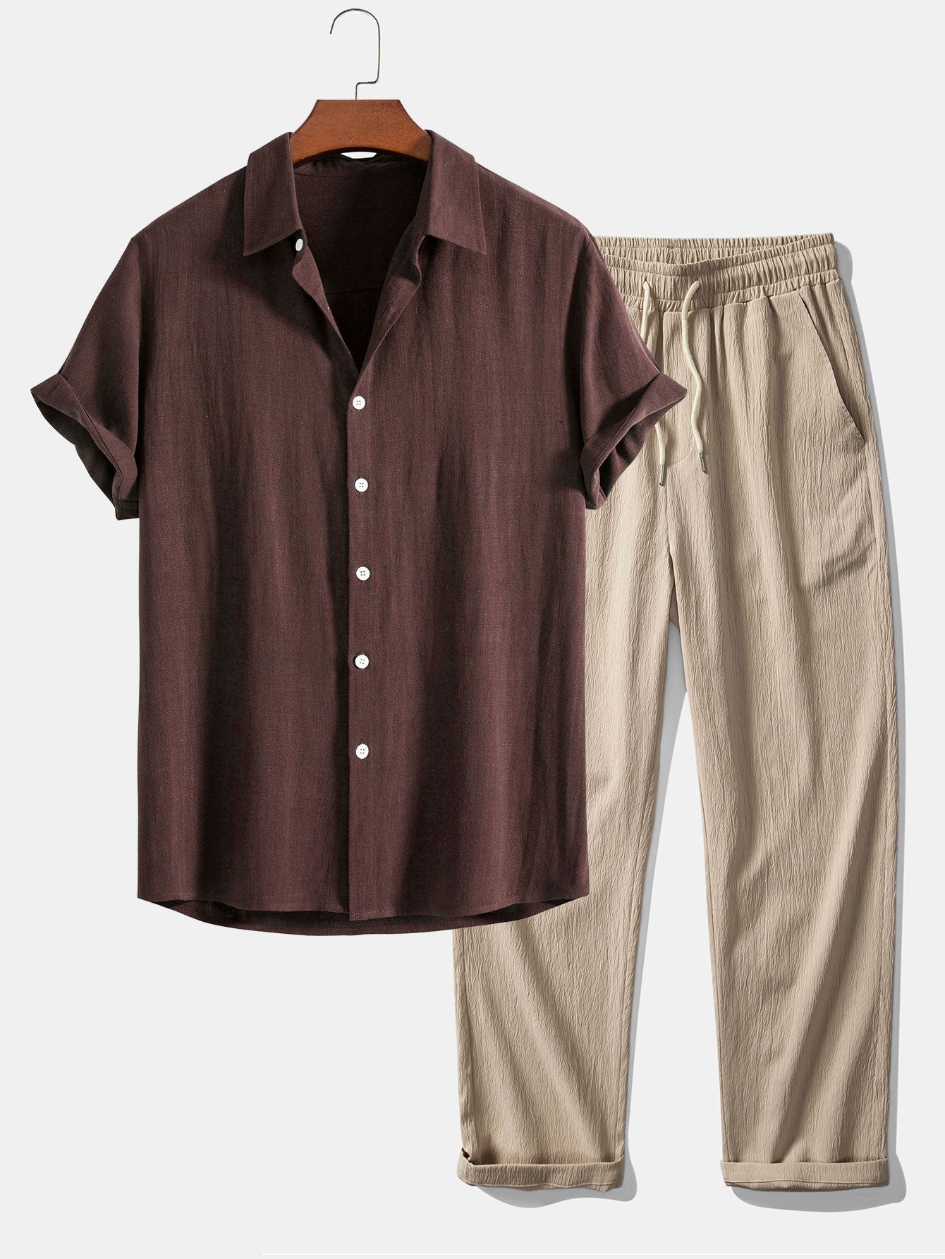 Linen-Rayon Blend Button-Up Shirt with Wrinkle-Textured Straight Leg Pants