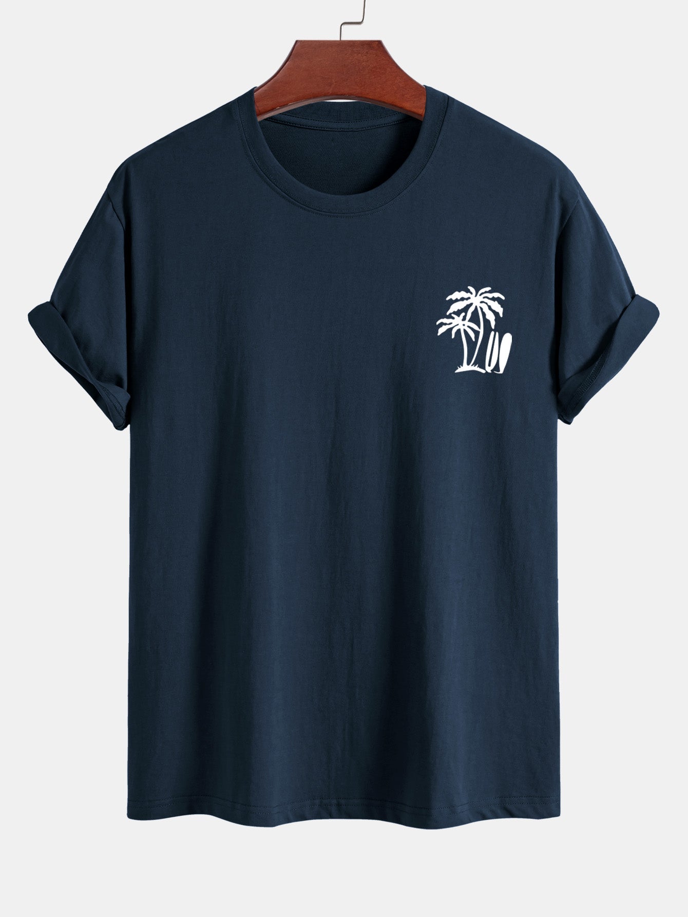 Classic Fit Cotton T-Shirt with Palm Tree Surfboard Design
