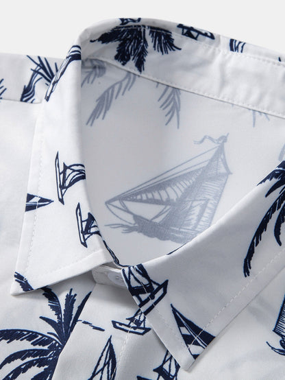 Island-Inspired Sailing Print Button-Up Shirt with Straight Leg Ribbed Pants