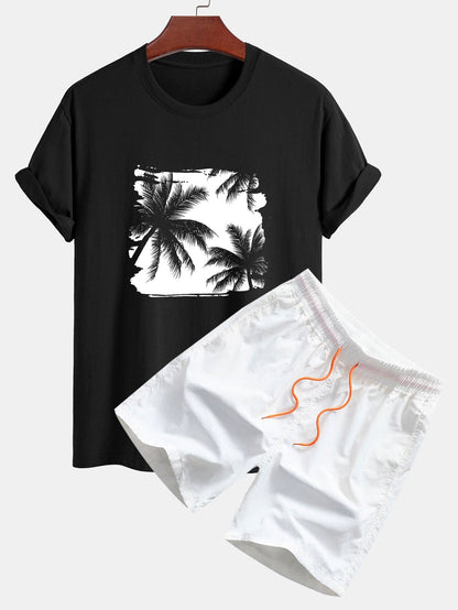 Classic Fit Cotton T-Shirt and Swim Shorts with Palm Tree Silhouette Print