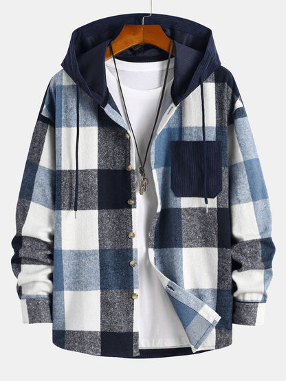 Comfortable Flannel Plaid Hooded Shirt with Corduroy Patchwork