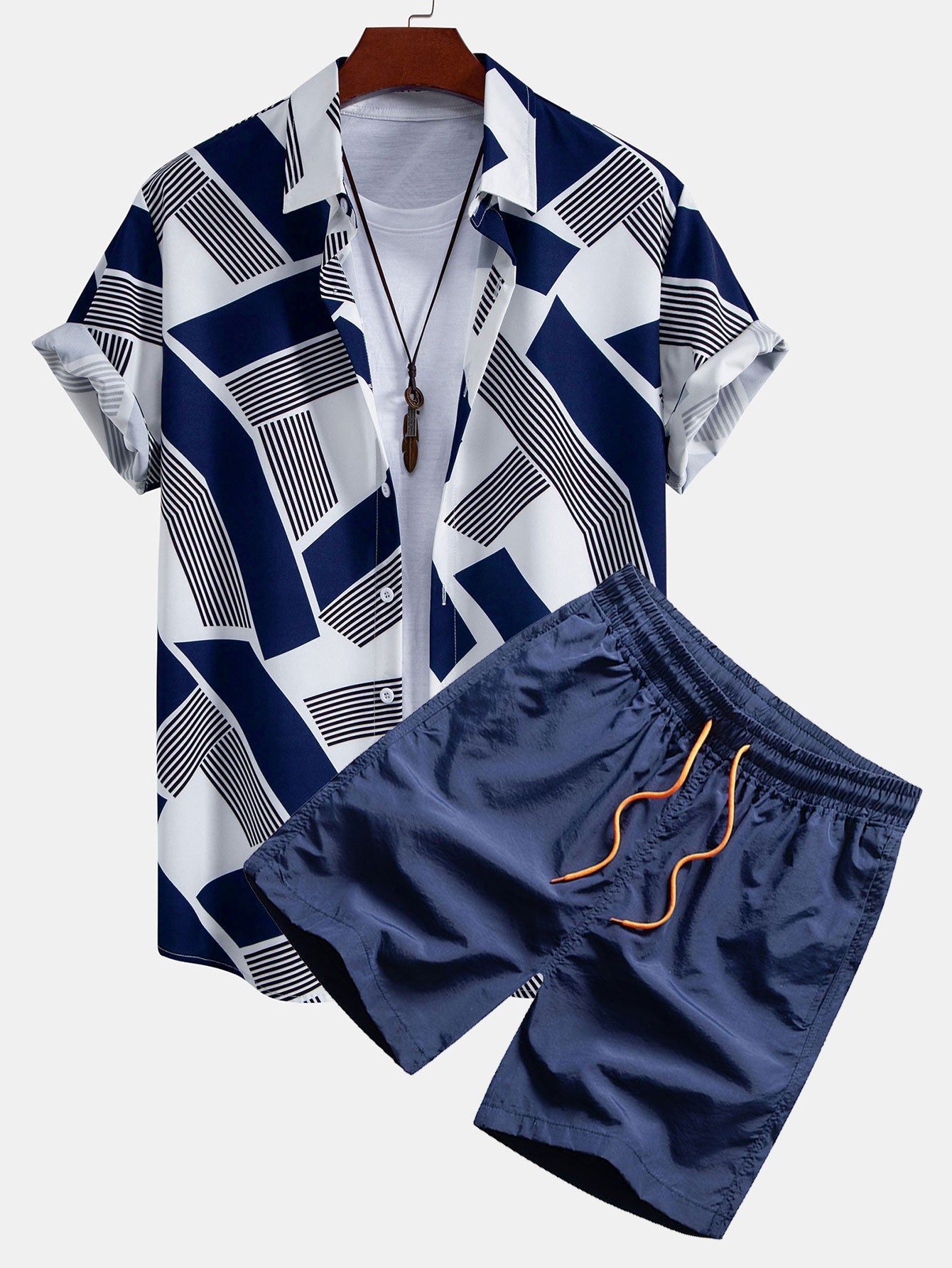 Color Block Geometric Print Button-Up Shirt with Matching Swim Shorts