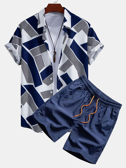 Color Block Geometric Print Button-Up Shirt with Matching Swim Shorts