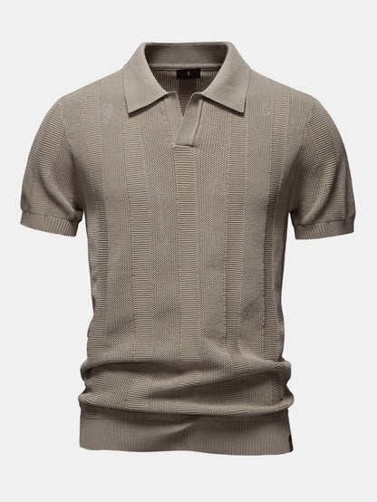Striped Hollow Knit V-Neck Polo