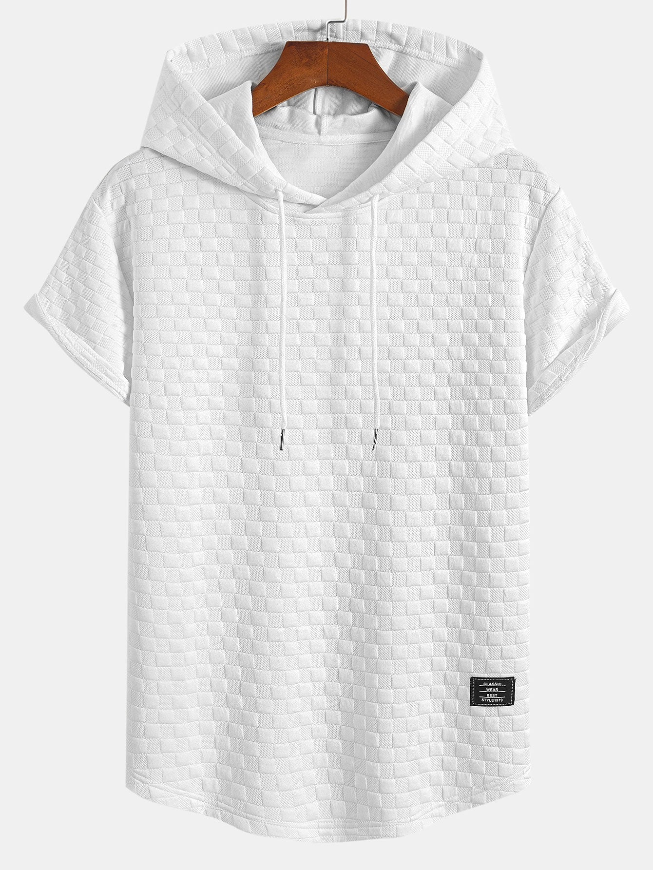 Checkerboard Jacquard Hooded T-Shirt with Arc Hem & Matching Shorts