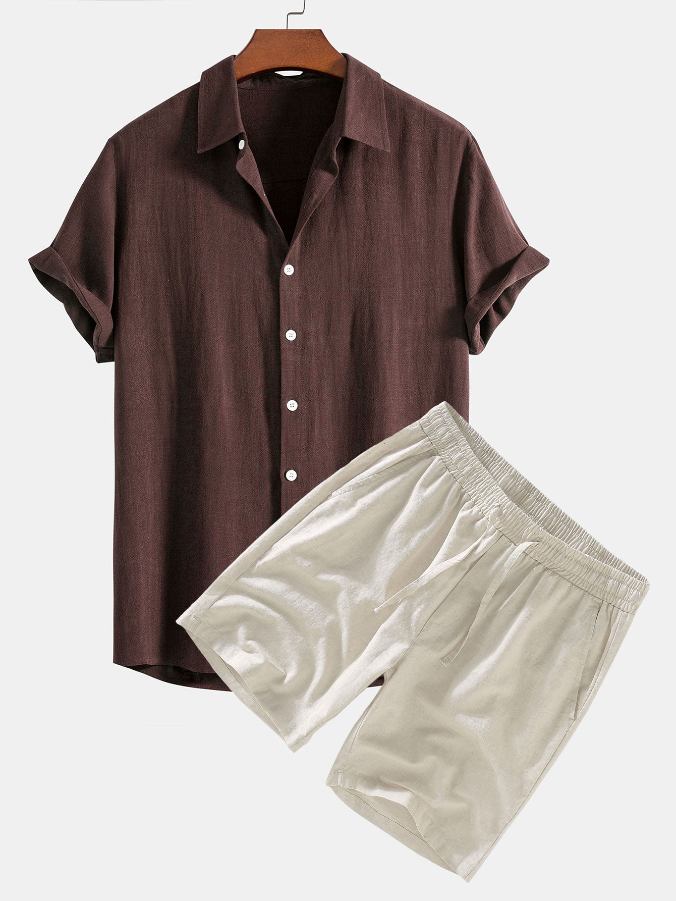 Linen-Rayon Blend Button-Up Shirt with Matching Linen Drawstring Shorts