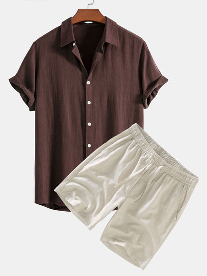 Linen-Rayon Blend Button-Up Shirt with Matching Linen Drawstring Shorts