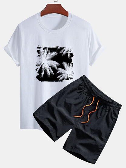 Classic Fit Cotton T-Shirt & Swim Shorts with Palm Tree Silhouette Print