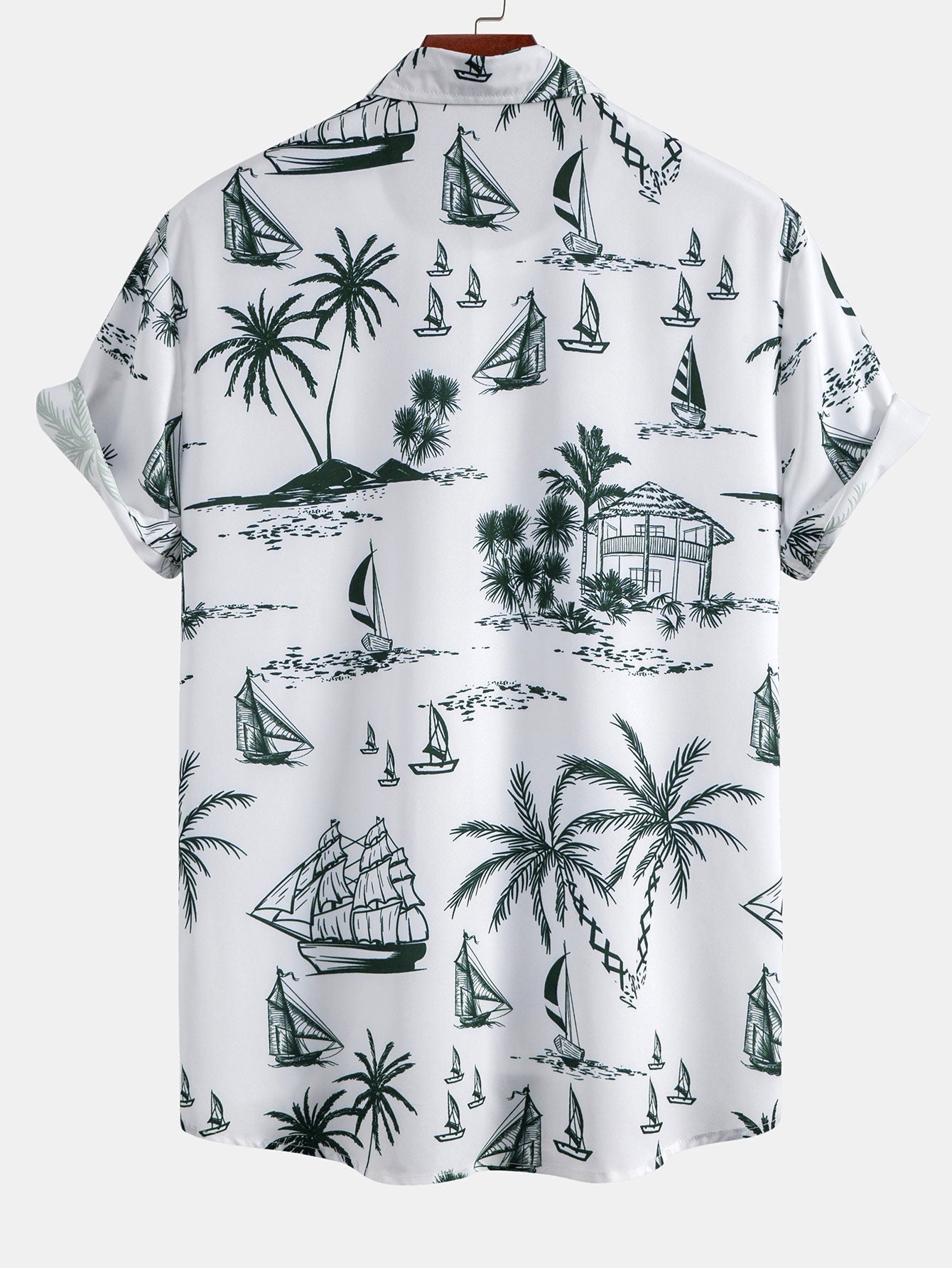 Island-Inspired Sailing Print Button-Up Shirt with Solid Drawstring Swim Shorts