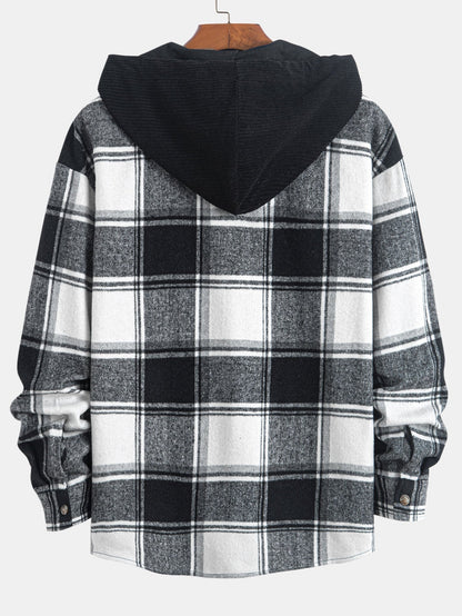 Comfortable Contrast Corduroy Plaid Hooded Shirt