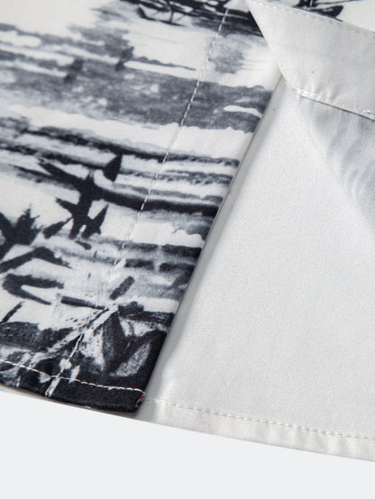 Stand Collar Shirt with Ink Landscape Artwork