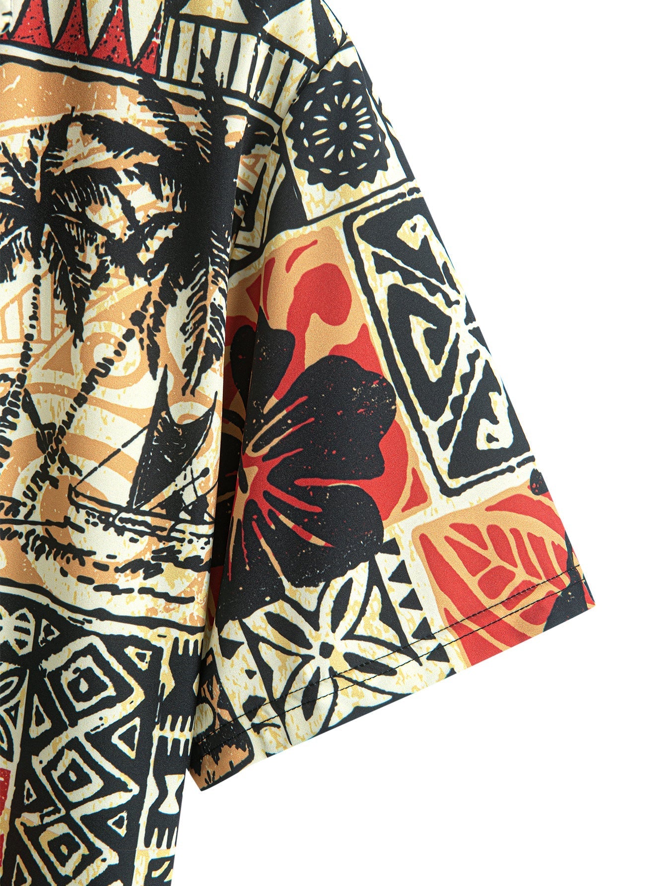 Button-Up Shirt with Palm Tree and Turtle Ethnic Geometry Print
