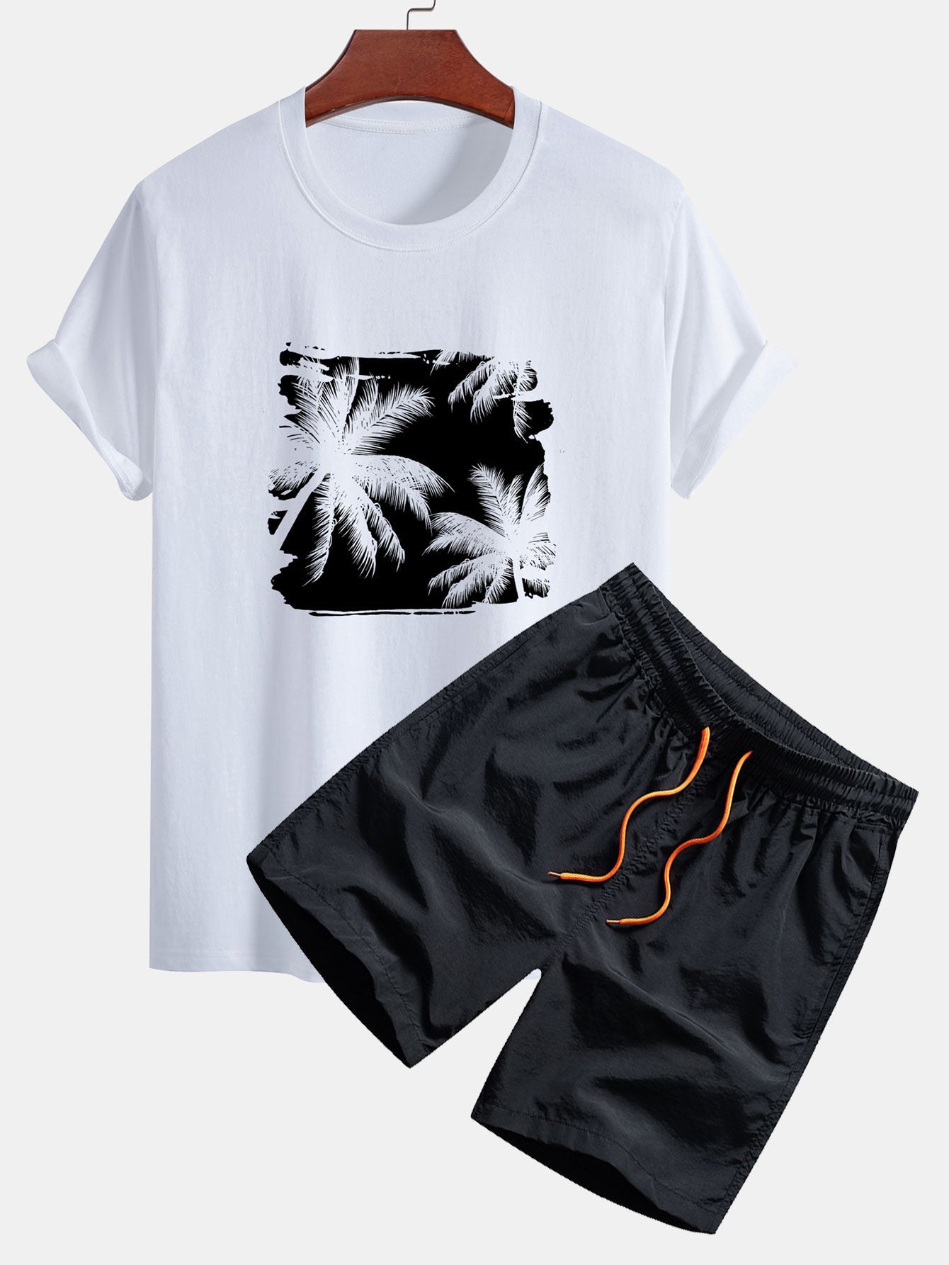 Classic Fit Cotton T-Shirt and Swim Shorts with Palm Tree Silhouette Print