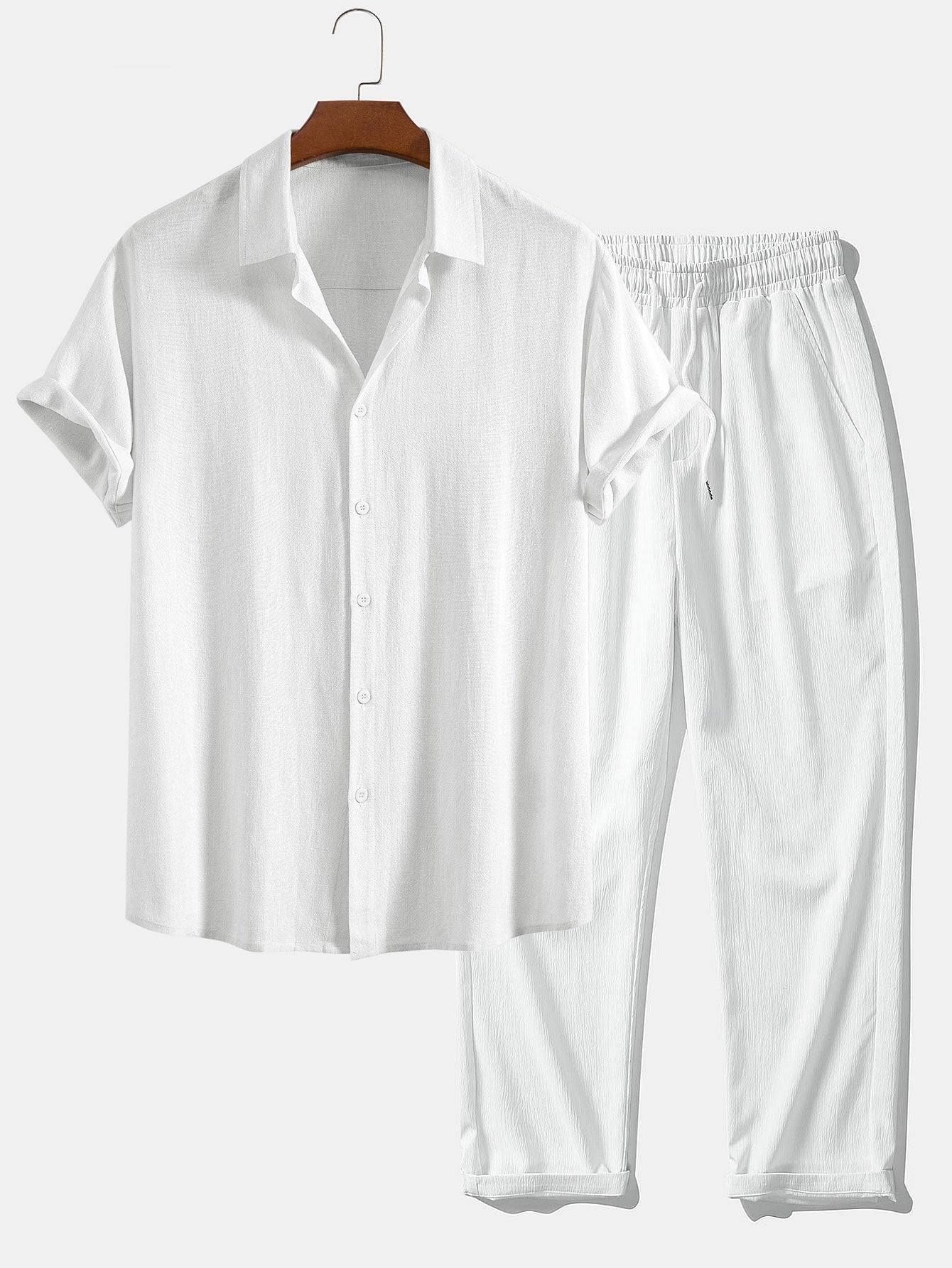 Linen-Rayon Blend Button-Up Shirt with Wrinkle-Textured Straight Leg Pants