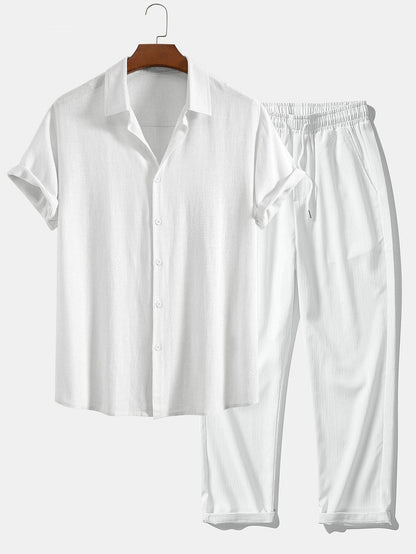 Linen-Rayon Blend Button-Up Shirt with Wrinkle-Textured Straight Leg Pants