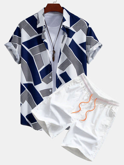 Color Block Geometric Print Button-Up Shirt with Matching Swim Shorts
