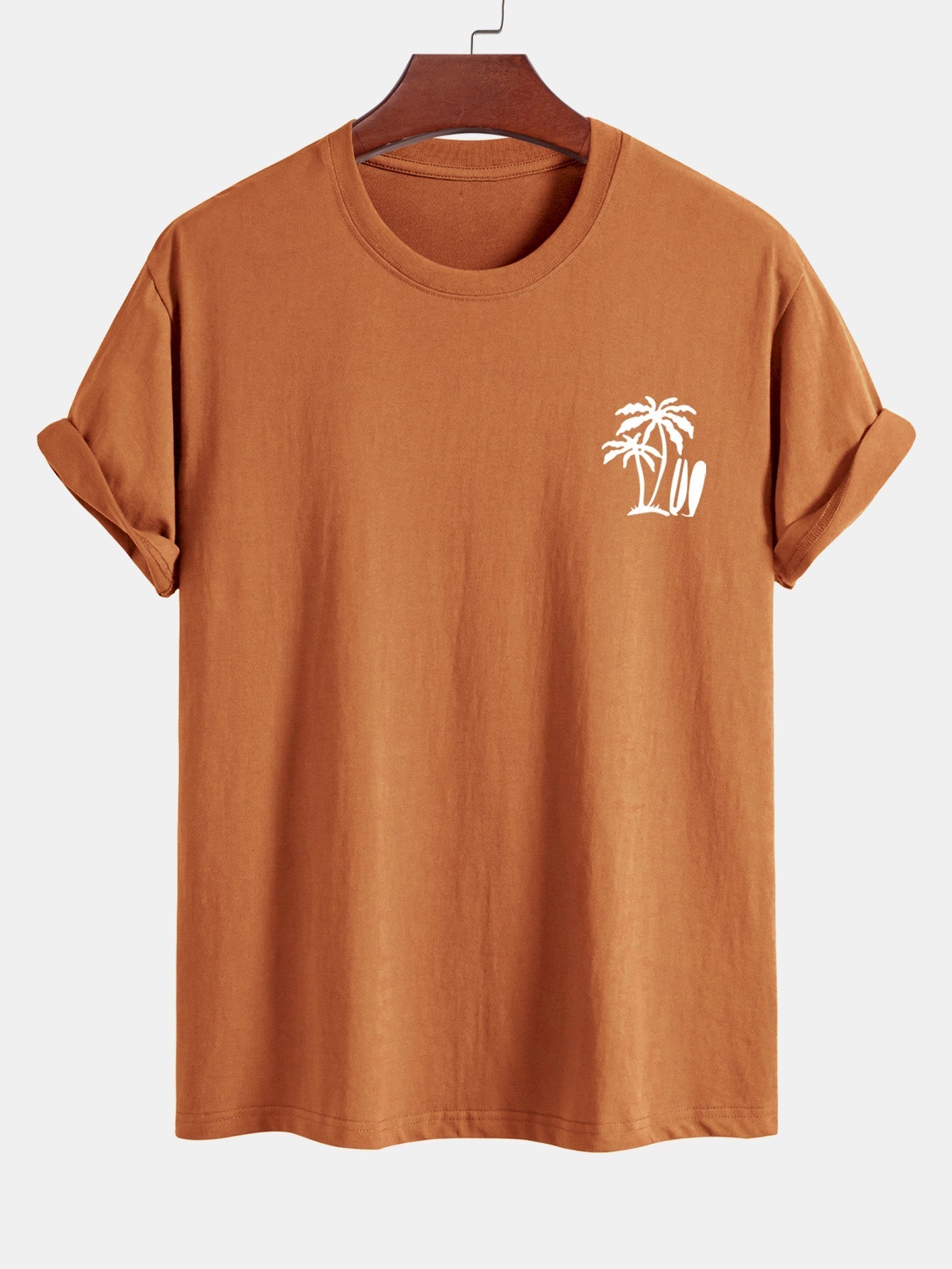 Classic Fit Cotton T-Shirt with Palm Tree Surfboard Design