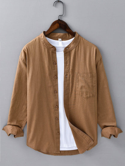 Long Sleeve Stand Collar Shirt in Linen-Cotton Blend with Pocket