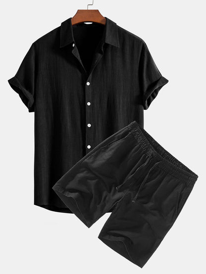 Linen-Rayon Blend Button-Up Shirt with Matching Linen Drawstring Shorts