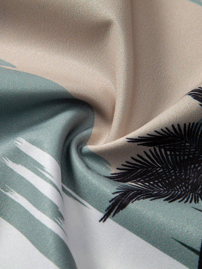 Color Block Palm Tree Print Button-Up Shirt with Matching Swim Shorts