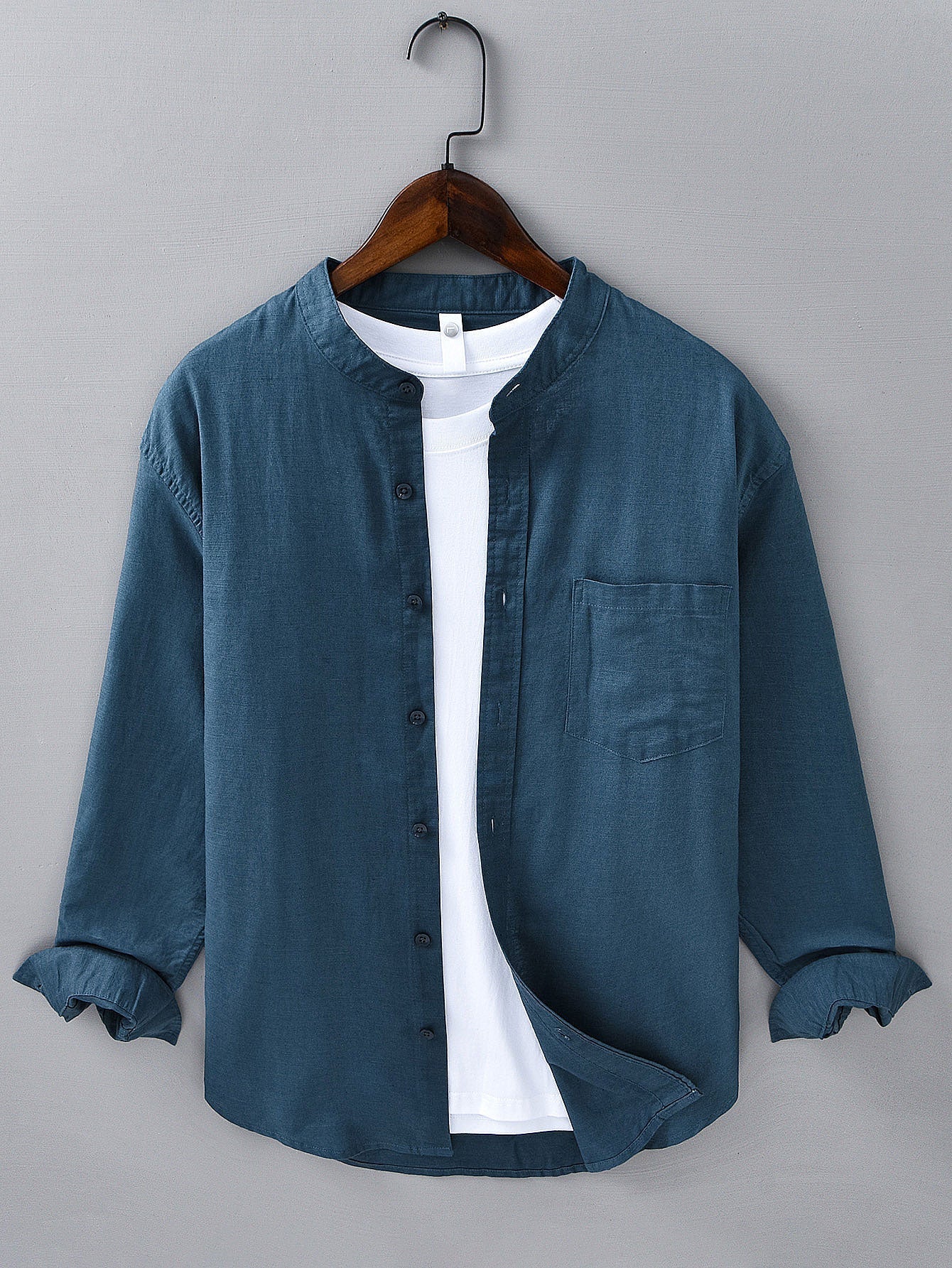 Long Sleeve Stand Collar Shirt in Linen-Cotton Blend with Pocket