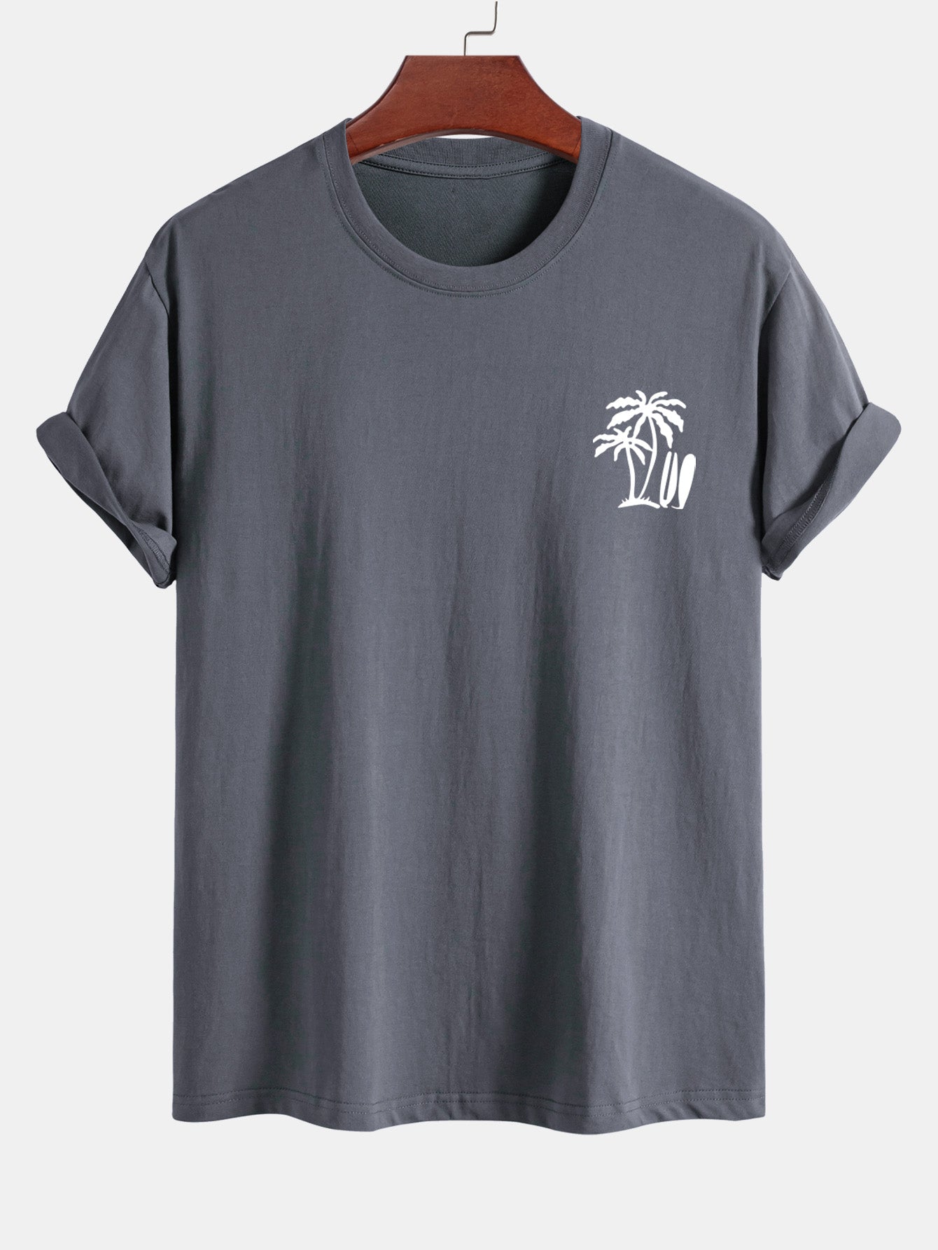 Classic Fit Cotton T-Shirt with Palm Tree Surfboard Design