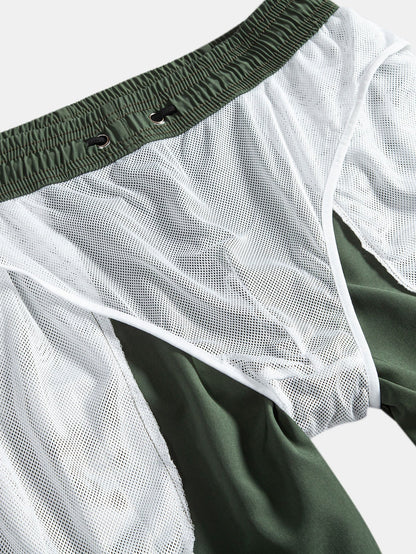 Color Block Palm Tree Print Button-Up Shirt with Matching Swim Shorts