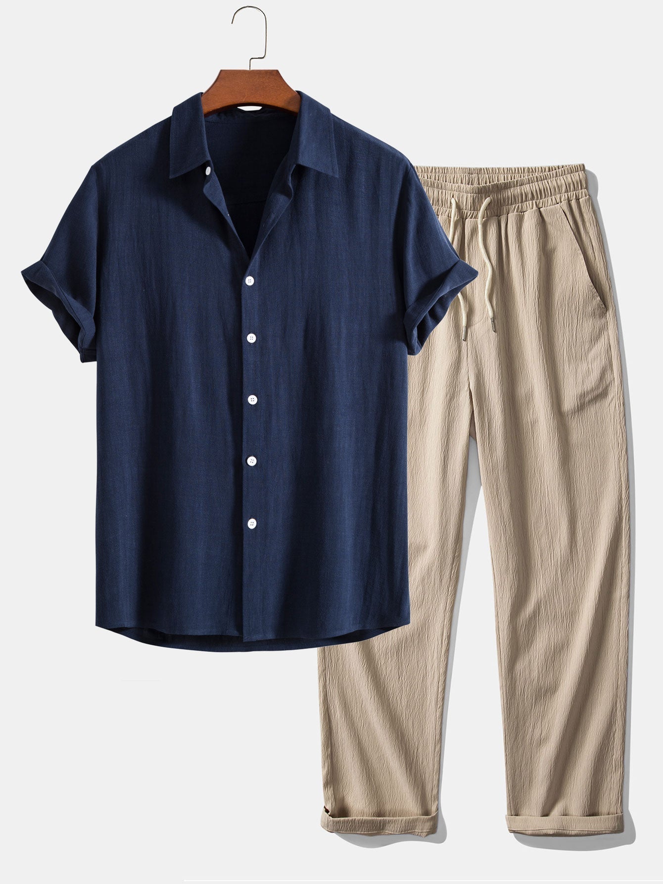 Linen-Rayon Blend Button-Up Shirt with Wrinkle-Textured Straight Leg Pants