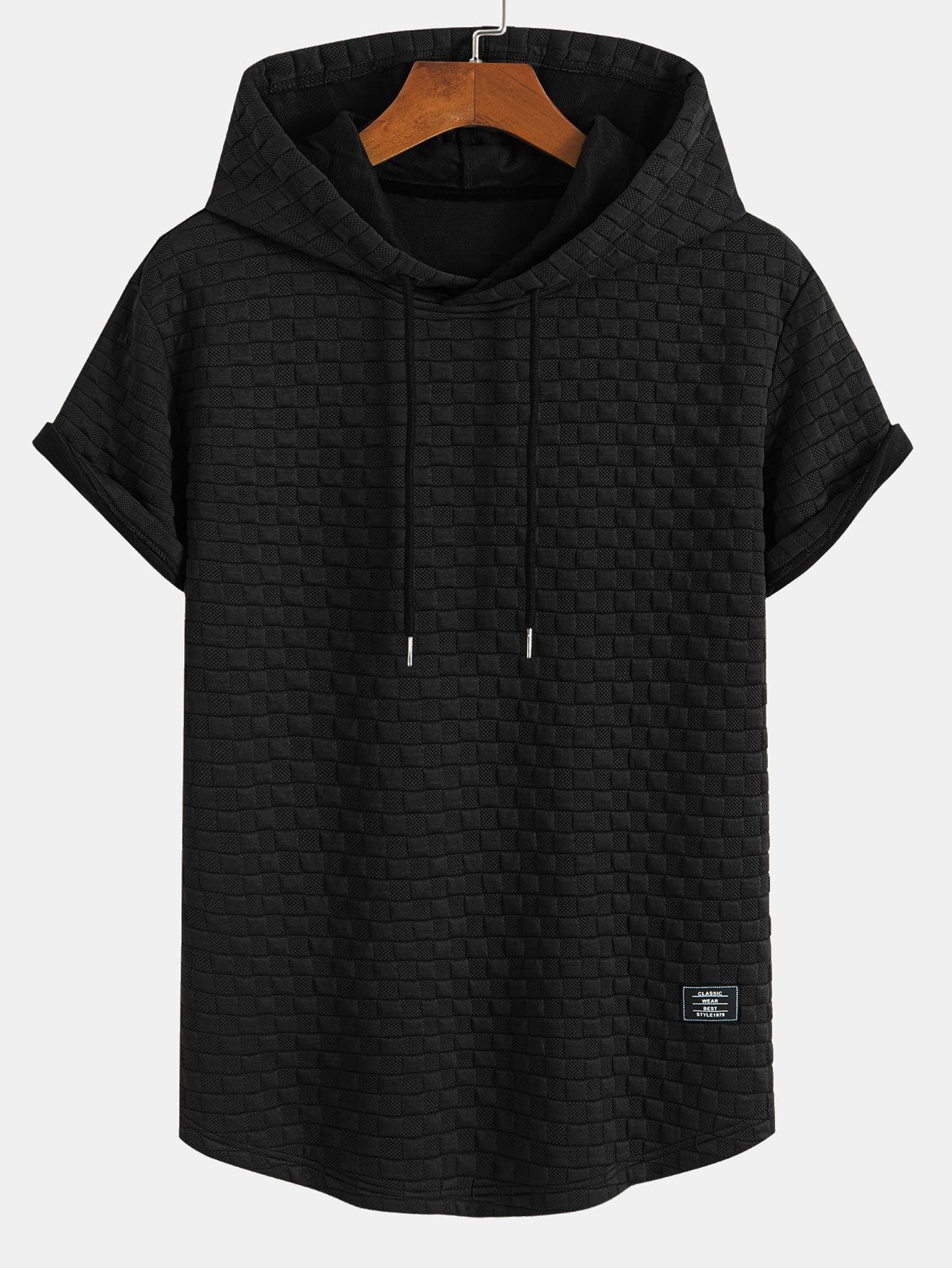 Checkerboard Jacquard Hooded T-Shirt with Arc Hem & Matching Shorts