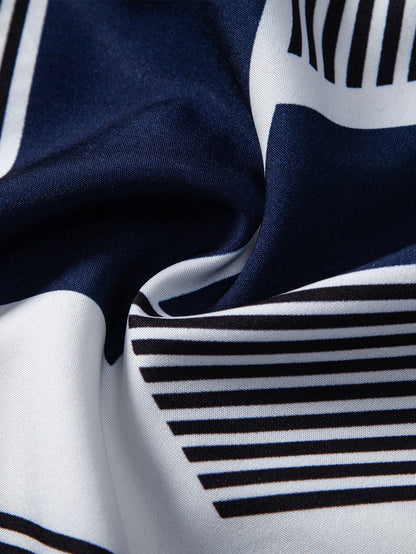 Color Block Geometric Print Button-Up Shirt with Matching Swim Shorts