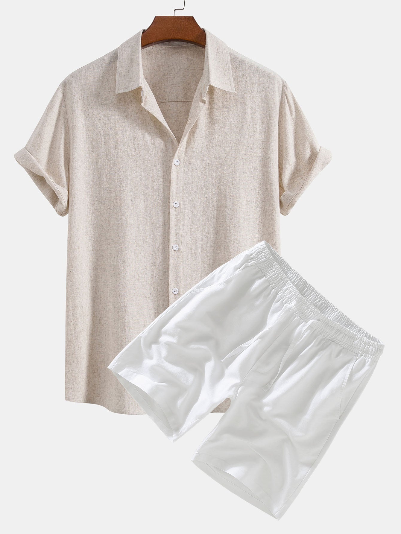 Linen-Rayon Blend Button-Up Shirt with Matching Linen Drawstring Shorts