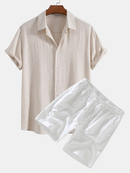 Linen-Rayon Blend Button-Up Shirt with Matching Linen Drawstring Shorts