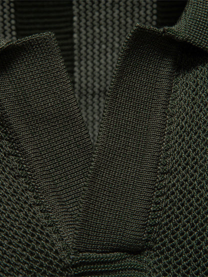 Striped Hollow Knit V-Neck Polo