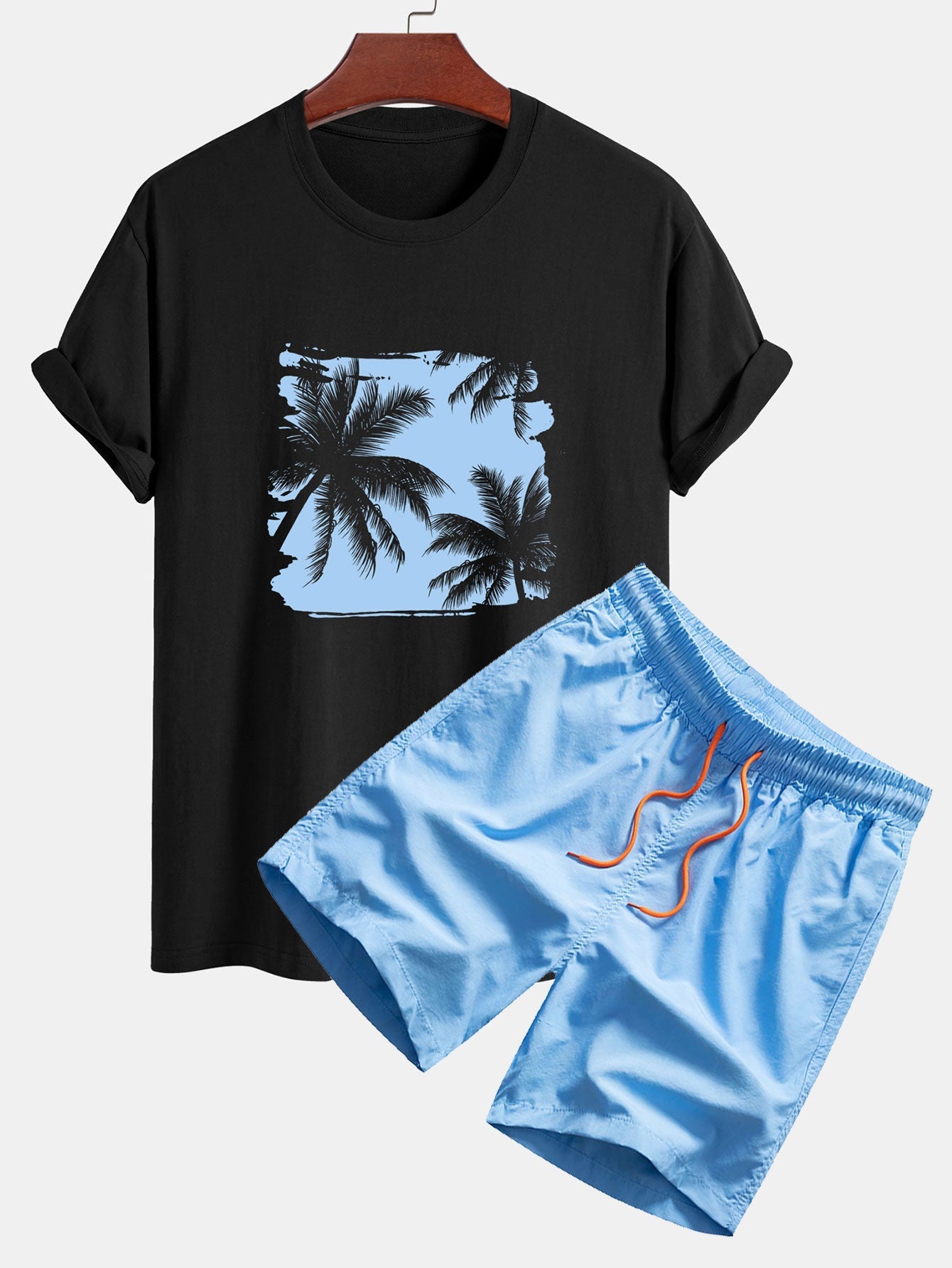 Classic Fit Cotton T-Shirt and Swim Shorts with Palm Tree Silhouette Print