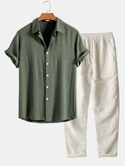 Linen-Rayon Blend Button-Up Shirt with Straight-Leg Linen Trousers