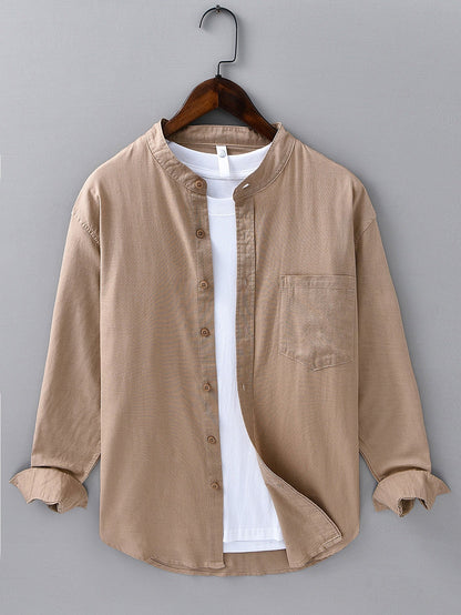 Long Sleeve Stand Collar Shirt in Linen-Cotton Blend with Pocket