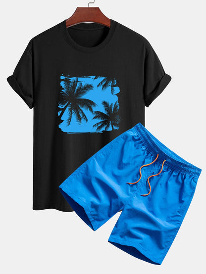 Classic Fit Cotton T-Shirt & Swim Shorts with Palm Tree Silhouette Print